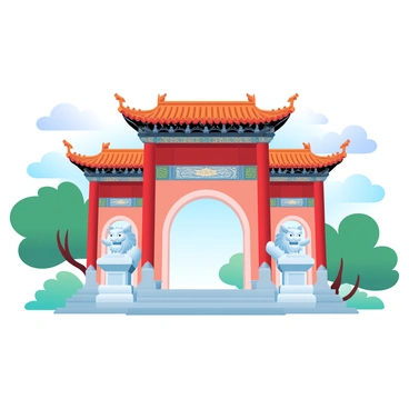 A grand entrance gate to the Forbidden City in Beijing is depicted, showcasing traditional Chinese architectural elements. The gate features intricate wooden beams and elaborate roof tiles with upturned edges. The structure is adorned with vibrant decorative patterns in red and gold, symbolizing prosperity. Flanking the gate are stone lions, each positioned on a pedestal, serving as guardians of the entrance. The background includes lush greenery and a clear blue sky, enhancing the overall majesty of the scene.