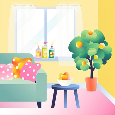 A bright room features walls painted in soft yellow hues. Sunlight streams through sheer white curtains, casting gentle shadows on the light wood floor. On the windowsill, there are several citrus-scented air fresheners in colorful glass bottles, including lemon, orange, and lime designs. The room is adorned with cheerful decor, including vibrant cushions with fruit patterns on a cozy sofa and a small round table with a bowl of fresh oranges and lemons at its center. A large potted lemon tree stands in one corner, its leaves lush and green, contributing to the sunny atmosphere.