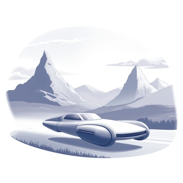 A sleek, futuristic vehicle in motion. The vehicle has a streamlined design with smooth curves and reflective surfaces. It is positioned between two towering mountains that rise sharply against the horizon. The mountains are detailed with rocky textures and steep slopes. Above, there is an expansive sky featuring wispy clouds and a bright atmosphere. The ground is varied, with rolling hills and patches of grass visible in the foreground.