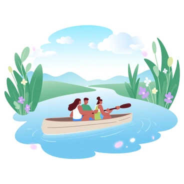 A group of three friends is paddling a canoe through a winding delta. The canoe is made of light wood, gliding smoothly over the water. Surrounding the delta, vibrant green vegetation towers with tall reeds and clusters of colorful flowers. The water reflects the bright blue sky above, dotted with fluffy clouds. Sunlight filters through the leaves, casting soft shadows on the water. In the distance, the winding path of the delta twists through the landscape, creating a sense of adventure and exploration.