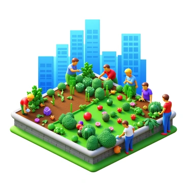 A lush rooftop garden filled with various plants and vegetables. People are actively tending to the garden, some are watering the plants, while others are pruning vegetables. The skyline of a metropolitan area is visible in the background, showcasing tall buildings and a clear blue sky. Brightly colored flowers add vibrancy to the green garden, and gardening tools are scattered around.