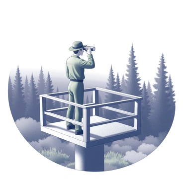 A forest ranger stands on a high observation tower, equipped with a pair of binoculars. The ranger is wearing a green uniform and a wide-brimmed hat, focusing intently on the landscape before him. Below, a dense forest stretches out, with trees of various sizes creating a thick canopy. The ranger's stance is steady, as he scans the area for any signs of wildlife, which might include deer or birds. The observation tower is constructed of wood, with railings surrounding the viewing platform, and the natural surroundings include patches of underbrush and open grassy areas.