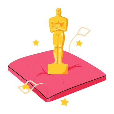 A shiny golden statuette award shaped like a figure holding a film reel is placed prominently on a rich, deep red velvet cushion. The cushion has soft folds and highlights that catch the light, emphasizing its luxurious texture. The statuette reflects light, showcasing intricate details such as the facial features and the flowing design of the figure. Surrounding the cushion are small decorative elements like tiny stars and film strips.