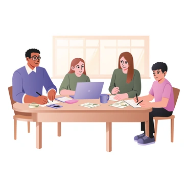 A family gathered around a wooden kitchen table. There are four family members: a father with medium skin and short curly hair, wearing a blue shirt and glasses, is seated on the left side of the table. Next to him is a mother with light skin and long straight brown hair, dressed in a green sweater, who is holding a pen and writing on a notepad. Across from them is a teenage daughter with light brown skin and curly hair, wearing a pink t-shirt and focused on a laptop in front of her. Next to her, a young son with medium skin and short hair is looking at a stack of bills and has a pencil in his hand. The table is covered with various papers, a calculator, and a large cup of coffee. A window in the background shows sunlight streaming in, illuminating the scene.