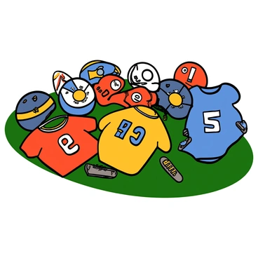 A collection of football gear is laid out on a grassy field. There are several helmets in different colors, each displaying unique designs and team logos. Various jerseys are also arranged, featuring bold colors and large numbers on the backs. Some helmets are shiny and new, while others show signs of wear. The jerseys vary in style, with short sleeves and long sleeves, and they hang neatly beside the helmets. A pair of cleats is placed next to the jerseys, completing the ensemble of football equipment.