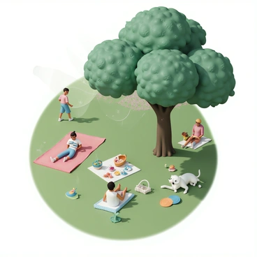 A park scene on a humid summer day with vibrant green grass. Several people are lounging under large, leafy trees, seeking shade. One person is sitting on a red blanket, reading a book, while another is reclining against a tree trunk. Nearby, a couple is enjoying a picnic with a basket and various foods spread out. In the background, a child is playing with a colorful frisbee, and a dog is lying down, panting contentedly. The sunlight breaks through the tree canopy, creating playful patterns on the ground.