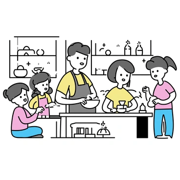 A family of four is engaged in crafting clay pots inside a rustic pottery studio. The father, wearing an apron, is shaping a pot on a potter's wheel, focused on his work. The mother is sitting at a nearby table, molding a small sculpture with delicate attention. A young girl, with pigtails, is sitting beside her, rolling out clay with a small wooden pin. A teenage boy is standing in the corner, painting a finished pot with bright colors. The studio is filled with shelves of various pottery pieces and tools scattered throughout, with warm, natural light streaming in through a window.