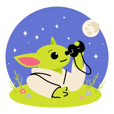 Yoda, a small green alien with large ears, is lying on a vibrant patch of green grass. He holds a pair of black binoculars up to his eyes, intently gazing at a starry night sky filled with twinkling white stars. The grass around him is dotted with small colorful wildflowers. The moon shines brightly above, casting a soft glow on Yoda's face, highlighting his thoughtful expression.
