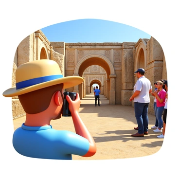 A patron holding a digital camera, capturing images of ancient ruins during a guided historical tour. The patron is wearing a wide-brimmed hat and sunglasses for sun protection. The ancient ruins consist of weathered stone columns and archways, with intricate carvings visible on the surface. In the background, a tour guide is pointing out details of the site, while other tourists are visible, some taking notes and others listening attentively. The sky is clear, and the sun casts shadows on the ground, enhancing the textures of the ruins.