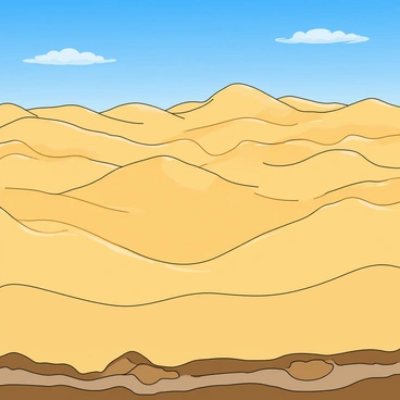 A vast landscape of sand dunes with soft, rolling shapes and peaks. The sand is a warm golden color, glistening under bright sunlight. In the foreground, a series of smaller dunes rise and fall gently, their surfaces marked with fine ripples. Beneath the dunes, layers of rock are visible through some sections where the sand has eroded away, displaying a contrast of earthy browns and grays. The sky above is a brilliant blue with a few fluffy white clouds scattered across it. This scene captures the natural beauty and complexity of the desert environment.