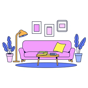 A cozy living room featuring a large, comfortable sofa with soft cushions. There is a round coffee table in front of the sofa, adorned with a small stack of books and a decorative bowl. A floor lamp stands beside the sofa, providing warm light. The walls are painted a soft pastel color, and there are several framed pictures hanging in a symmetrical arrangement. A plush rug lies underneath the coffee table, adding to the warmth of the space. A few house plants are positioned in the corners, bringing a touch of greenery into the room. The overall layout is inviting and well-organized.