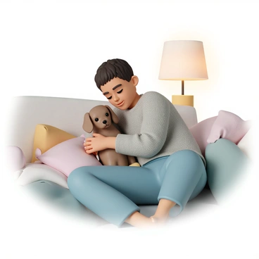 A person, dressed in a fluffy grey sweater and comfortable blue jeans, is sitting on a cozy living room sofa. They are cuddling with a small brown dog, which has floppy ears and a wagging tail. The dog is nestled comfortably against the person's chest, looking content. There are soft throw pillows scattered around the sofa, and a warm blanket is draped over the armrest. The room is softly lit, with a lamp providing a gentle glow in the background.