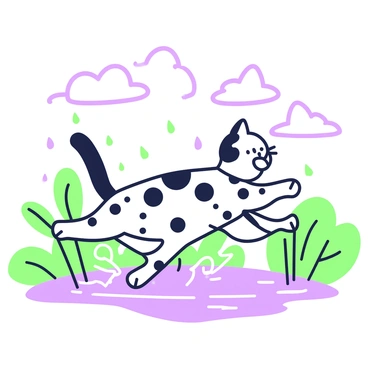 A Bengal cat with distinctive spotted fur is joyfully splashing through a puddle after rain. The cat is mid-leap, with its front paws extended forward and its hind legs pushing off the ground. Water droplets are flying around as the cat makes contact with the puddle, creating a dynamic scene. In the background, there are several wet, green leaves and patches of grass reflecting the light. The sky above is cloudy, hinting at the recent rain, while the ground is slick and glistening.