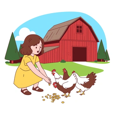 A young girl with brown hair wearing a yellow dress is crouching down to feed a group of chickens at a friendly farm. The chickens, a mix of white and brown feathers, are eagerly pecking at the scattered corn from her hand. In the background, there is a large red barn standing under a bright blue sky. The barn has a weathered wooden texture, and a small window can be seen on its side. A few green trees surround the barn, completing the warm farm setting.
