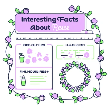 An infographic that presents a structured layout of interesting facts about roses. At the top, the title "Interesting Facts About Roses" is prominently displayed in bold text. Below the title, there are sections highlighting the history of roses; one section includes a timeline with key dates marked by small rose icons. Adjacent to this, another section outlines the uses of roses in various cultures, featuring small illustrations of rose tea, rose oil, and a decorative rose wreath. Each section is enclosed in a border that resembles rose vines. In the background, subtle outlines of rose petals create a cohesive design, enhancing the overall visual appeal of the infographic.