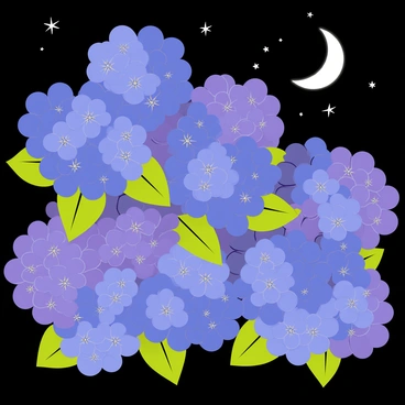 A night scene of hydrangeas illuminated by soft moonlight, creating a magical atmosphere.