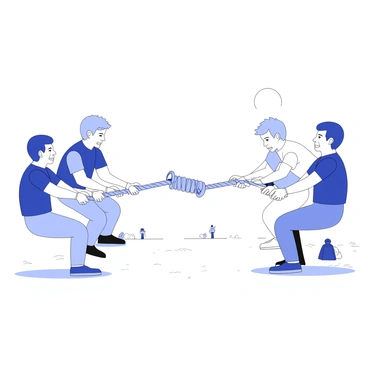 Two teams are engaged in a classic tug-of-war, each group pulling on a thick rope stretched taut between them. On one side, there are five individuals, all positioned with their feet firmly planted on the ground, leaning back to exert maximum force. They display determined expressions, each gripping the rope tightly with both hands. On the opposite side, another team of five members mirrors their stance, equally focused and tense, straining against their opponents. The rope is visibly bowed in the middle due to the opposing forces, and the ground beneath them shows signs of wear from their exertion. Each team member wears athletic clothing, emphasizing their readiness for the competition. The setting is an open field, with a few spectators in the background, watching the struggle between both sides.