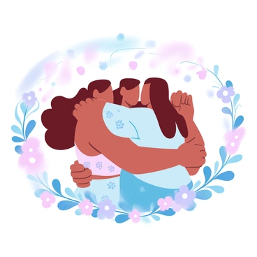 A group of three women is embracing each other in a joyful celebration. One woman has curly hair, wearing a bright dress adorned with floral patterns. The second woman is wearing a flowy blouse and has straight hair tied in a ponytail. The third woman has wavy hair and is dressed in a colorful skirt. Surrounding them are a variety of flowers in vibrant colors, creating a lively atmosphere. Above them, several festive decorations are hanging. The scene is filled with a sense of warmth and happiness.