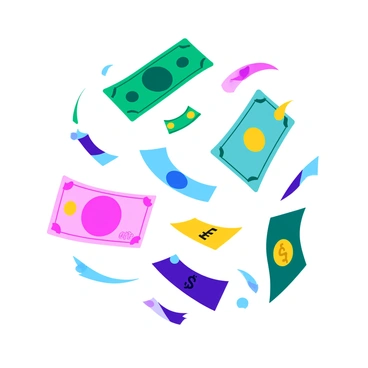 A vibrant display of various world currencies floating in the air. Different banknotes are scattered around, featuring distinctive designs and colors. The dollar bill is green with intricate patterns, while the Euro features a purple and blue palette with architectural motifs. The Japanese Yen is a soft pink with traditional symbols, and the British Pound showcases a mix of teal and golden hues. Each note has a slight flutter as if caught in a gentle breeze, creating a dynamic and lively scene.