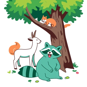 A teal raccoon is sitting on the ground with its paws on its belly, laughing joyfully. Next to the raccoon, there is a white deer standing on its hind legs, looking playfully at the raccoon with a cheerful expression. A small orange squirrel is perched on a branch of a large oak tree, holding a nut while also laughing. The oak tree's thick trunk is covered in textured bark, and its lush green leaves form a vibrant canopy above the scene. The ground is dotted with scattered leaves and acorns, enhancing the lively atmosphere of friendship among the animals.