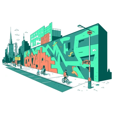 A large mural on a city wall features intricate designs in two distinct colors: teal and orange. The mural depicts various elements of urban life, including abstract shapes, stylized buildings, and graffiti-inspired characters. Brightly colored patterns blend into one another, creating a dynamic visual flow across the wall. Surrounding the mural are lively streets filled with pedestrians and bicycles, adding to the vibrant city atmosphere. Sunlight casts shadows from nearby structures, enhancing the colors of the mural and the energy of the scene.