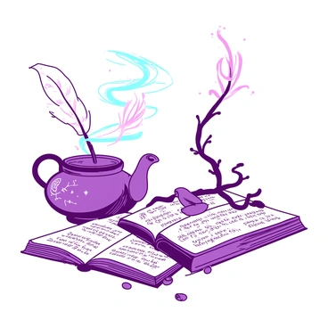 An ornate quill with intricate patterns is resting beside a detailed inkpot. The inkpot is shaped like a twisted vine, with small leaves and flowers delicately sculpted onto its surface. Next to these, there is an open gothic book, its pages filled with elegant, swirling script and illustrations. Soft magical wisps of light in two contrasting colors are swirling playfully around the quill, inkpot, and book, creating an enchanting atmosphere. The background is softly blurred, focusing attention on the quill, inkpot, and book.