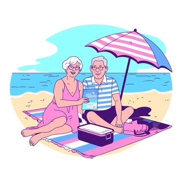 An elderly couple is sitting on a sandy beach, enjoying the sun. The man has gray hair and is wearing a blue and white striped shirt, while the woman, with short silver hair, is dressed in a light pink sundress. They are both smiling and holding a “SudLife retirement plan” brochure between them. The background features gentle waves lapping at the shore, and a clear blue sky. A striped beach umbrella is positioned nearby, providing shade. The couple is seated on a colorful beach blanket, with a small cooler beside them.