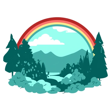 A red rainbow arches gracefully over a vibrant teal forest after a storm. The trees in the forest are lush and densely packed, with leaves glistening from the recent rain. A few scattered droplets still hang from the branches, reflecting the light of the sun breaking through the clouds. The sky is a soft gradient, transitioning from gray to a bright blue in the distance. Sunlight casts a warm glow on the landscape, enhancing the freshness of the scene.