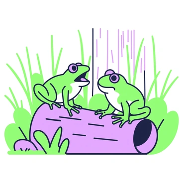 Two green frogs are sitting on a log in the middle of a forest. The first frog is perched on the left side of the log, with its eyes wide and mouth open as if actively speaking. The second frog, located on the right side, is leaning slightly forward, appearing engaged in the conversation. Surrounding the log, vibrant green leaves and tall grasses create a natural setting. In the background, tree trunks rise, their bark visible through the foliage. The light filters through the leaves, casting soft shadows on the log.