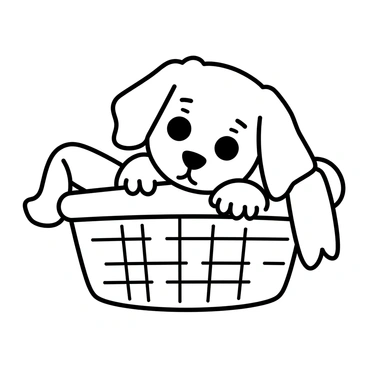 A cute puppy with floppy ears and big round eyes is peeking out from a laundry basket. The basket is made of woven material and is filled with soft, fluffy blankets that create a snug and cozy environment. The puppy's nose is just above the rim of the basket, while its paws are resting on the edge, looking curiously at the viewer. The scene captures the playful and innocent nature of the puppy in its warm, comfortable setting.