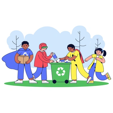 A group of children wearing colorful superhero costumes is actively sorting recyclable materials. One child in a blue cape is holding a cardboard box, while another in a red mask is placing a plastic bottle into a green recycling bin. Nearby, a child in a bright yellow costume is picking up paper items and carrying them to a separate bin. The park setting includes green grass and a few trees in the background, with a clear blue sky above.