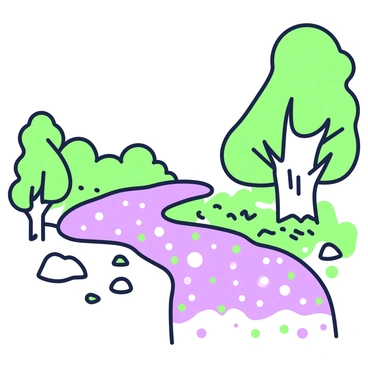 A stream flows gently through a natural landscape. The water is clear, revealing a variety of microplastics scattered throughout. The microplastics shimmer and reflect light, creating an effect reminiscent of a rainbow. Along the banks, there are small pebbles and patches of green grass. In the background, trees line the stream, their leaves gently swaying in the breeze. The scene captures the unique interaction between nature and the elements present in the water.
