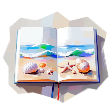 A beach-themed journal page featuring intricate ocean waves elegantly curling along the margins. The waves are depicted in varying shades of blue and white, creating a sense of movement and energy. Scattered along the page are detailed seashells in different shapes and sizes, including conch shells, starfish, and sand dollars. Each seashell is illustrated with unique patterns and textures, adding to the beachy vibe of the journal. The background of the page is a soft sandy color, complementing the vibrant colors of the ocean waves and seashells.