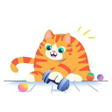 A curious tabby cat with orange stripes is playfully pawing at a small blue dumbbell on the floor. The cat has bright green eyes and is crouched low, its ears perked up in excitement. The dumbbell is made of rubber and has a shiny surface, reflecting light. Surrounding the cat are a few colorful toy balls scattered around, adding to the playful atmosphere. The floor is a warm wooden surface, enhancing the cozy environment.