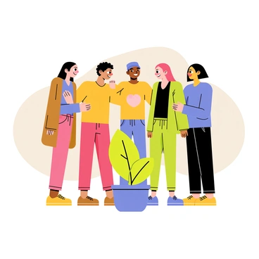 A diverse group of friends standing closely together in a circle. Each friend has distinct features reflecting various ethnic backgrounds. They are smiling and engaging with one another, showcasing support and encouragement. The friends are dressed in colorful clothing, adding vibrancy to the scene. Hands are placed on each other’s shoulders, emphasizing connection and solidarity. In the center of the circle, a plant with bright green leaves symbolizes growth and community. The background features soft, abstract shapes that enhance the feeling of a supportive environment.