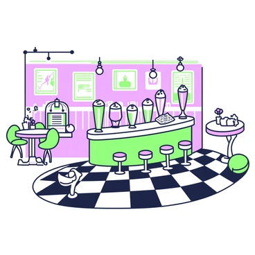 A retro diner scene featuring a checkered floor pattern in black and white. In the center of the image, a long counter is lined with several colorful milkshakes in tall glasses, each topped with whipped cream and a cherry. Behind the counter, there are chrome stools with circular cushions. The walls are adorned with vintage posters and neon lights. A jukebox stands in the corner, adding to the nostalgic atmosphere. Various tables and chairs are arranged around the space, with a small vase of flowers placed on each table.