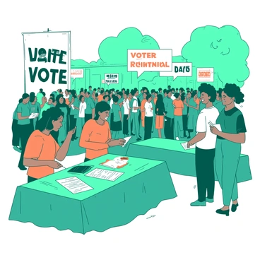 A bustling voter registration drive with people queuing eagerly to register