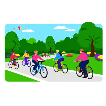 A group of five cyclists riding on colorful bicycles through an urban park. The park features lush green trees and vibrant flowerbeds in various shades of red, yellow, and purple. The cyclists are wearing bright-colored helmets and athletic gear, actively pedaling along a winding path that is slightly paved. Nearby, a picnic area with families enjoying their time can be seen, along with a colorful kite flying in the sky. The scene is displayed on a 10 by 15 board, providing a lively and dynamic atmosphere.