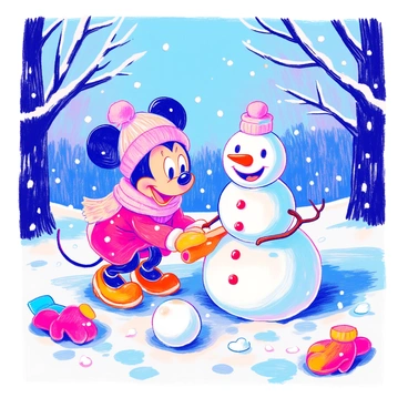 Minnie Mouse is in a snowy landscape, surrounded by fluffy white snowflakes falling from the sky. She is wearing a red winter coat, a pink scarf, and a matching hat with a bow on top. In front of her, she is actively rolling a large snowball to build a snowman. Next to the snowman, there is a smaller snowball ready to be placed on top. The snowman is adorned with a carrot nose, button eyes, and a smiling mouth. Minnie Mouse is smiling and laughing, clearly enjoying her time in the winter wonderland. Nearby, there are snow-covered trees and a few scattered colorful mittens and scarves on the ground.