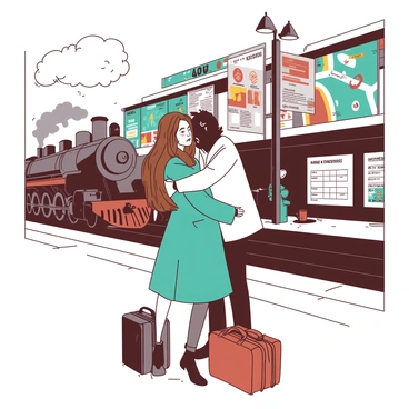 A couple is standing on a platform at a train station, embracing each other tightly. The woman has long brown hair, wearing a teal coat, while the man has short black hair, dressed in a white jacket. Both of them have tearful smiles on their faces, conveying a mix of sadness and affection. Behind them, a vintage locomotive is pulling into the station, with steam billowing from its engine. The background features various train schedules and colorful posters on the station walls. The couple's bags are resting on the ground beside them, hinting at their journey ahead.