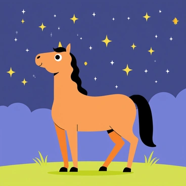 A cute horse with a shiny chestnut coat stands in a grassy field. The horse has a gentle expression, with big, bright eyes and a flowing mane. It gazes upward, admiring a sky filled with numerous twinkling stars. The stars vary in size and brightness, creating a beautiful constellation of light against a deep blue backdrop. The silhouette of the horse is softly illuminated by the starlight, highlighting its features.