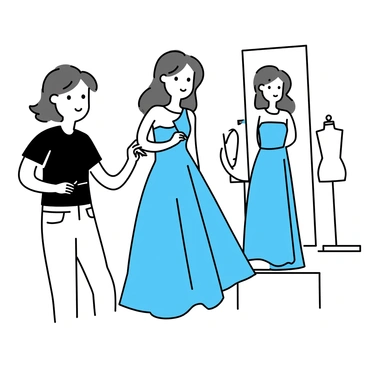 A designer, wearing a black T-shirt and fitted jeans, is adjusting a flowing blue gown on a model during a fitting session. The model has long, wavy hair and is standing on a pedestal. The designer is holding a pin in one hand, carefully aligning the fabric along the model's waist. The fitting room is minimalistic, with a large mirror reflecting both the designer and the model. A few dress forms and rolls of fabric are positioned in the background, adding to the context of the scene.
