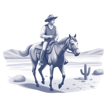 A cowboy clad in traditional western attire, including a wide-brimmed hat and a bandana around his neck, is riding a sturdy horse across a vast desert landscape. The ground is parched with patches of cracked earth and scattered rocks. Distant sand dunes rise gently against the horizon, while a few sparse cacti dot the scene, adding to the rugged terrain. The cowboy is focused ahead, with the reins firmly in his hands, conveying a sense of perseverance. In the background, a clear sky stretches above, enhancing the feeling of openness in the desert environment.