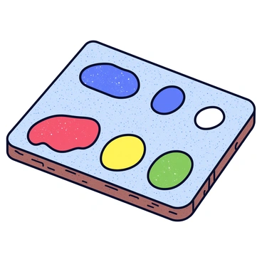 A color palette displayed on a wooden surface. The palette holds various paint blobs in vibrant colors, including red, blue, yellow, and green. Each paint blob is covered in a thin layer of dust, creating a muted appearance. The dust is fine and evenly spread across the surface, slightly dulling the colors beneath. The overall scene suggests a sense of neglect or abandonment.