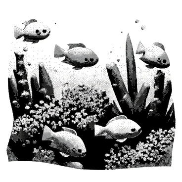An underwater scene features multiple blocky fish swimming gracefully among various coral structures. The fish have geometric shapes, with square and rectangular bodies, creating a unique visual effect. The coral structures are intricate and varied, showcasing different formations and sizes, with some rising high while others are low to the ocean floor. Small bubbles are visible as the fish swim, adding dynamic movement to the scene. The water is clear, allowing for a detailed view of the fish and coral.