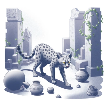 An ocelot with distinct spots is cautiously walking through the remnants of an ancient ruin. The environment is filled with overgrown vines and crumbling stone structures. Scattered around the ocelot are various artifacts, including intricately carved stone statues and fragmented pottery with peculiar designs. The light filtering through the foliage creates a dappled pattern on the ground, enhancing the mysterious atmosphere of the scene. The ocelot's keen eyes are alert, observing its surroundings with curiosity.