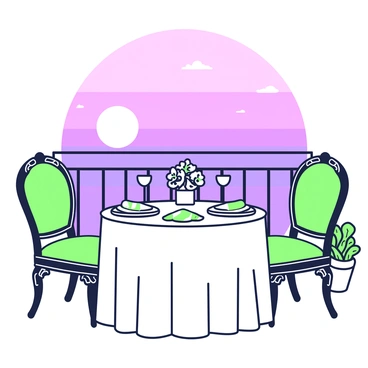 A terrace is set up for a romantic dining experience overlooking the sea. A round table is elegantly covered with a white tablecloth, and it features two ornate green chairs with intricate designs. On the table, there are two plates with gourmet food, accompanied by wine glasses filled with a beverage. A small vase holds a bouquet of flowers, enhancing the romantic atmosphere. The sky is filled with hues of purple as the sun sets in the background, casting a soft glow over the scene. A railing is visible around the terrace, with potted plants adding a touch of greenery to the setup.