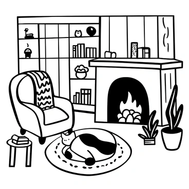 A cat curled up comfortably on a woven rug in front of a crackling fireplace. The fireplace is made of stone, with logs burning brightly inside, casting flickering shadows. Surrounding the fireplace, there are wooden shelves filled with books and trinkets. A plush armchair with a knitted blanket draped over one side is nearby. The walls are adorned with rustic wooden panels, and there are potted plants in the corners of the room. A small side table holds a cup of steaming tea and a stack of books.