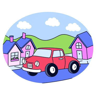 A 3D cartoon car with a bright red body and oversized wheels is driving through a quaint village. The village features cobblestone streets that wind between charming cottages. Each cottage has a sloped roof and flowers in window boxes. In the background, there are green hills that frame the peaceful village scene. The sky is blue with fluffy white clouds.