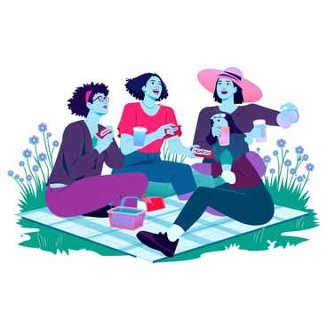 A group of friends enjoying Snickers bars at a picnic in a sunny park.